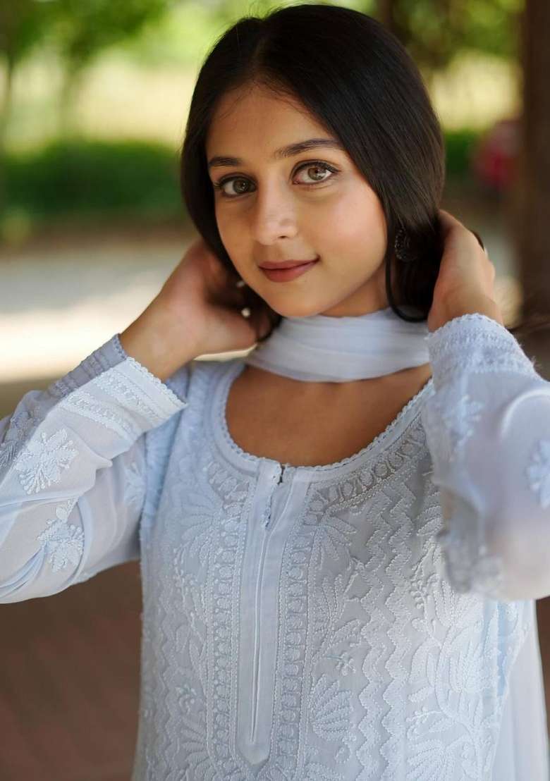 Sky Blue Embroidery Georgette Kurta Set - Indya