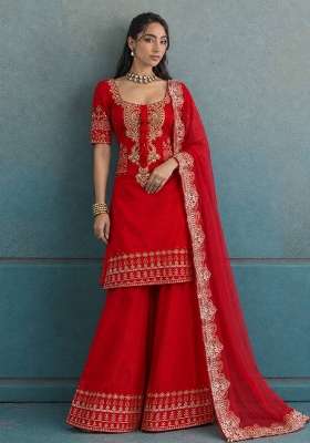 Red Embroidery Roman Palazzo Set