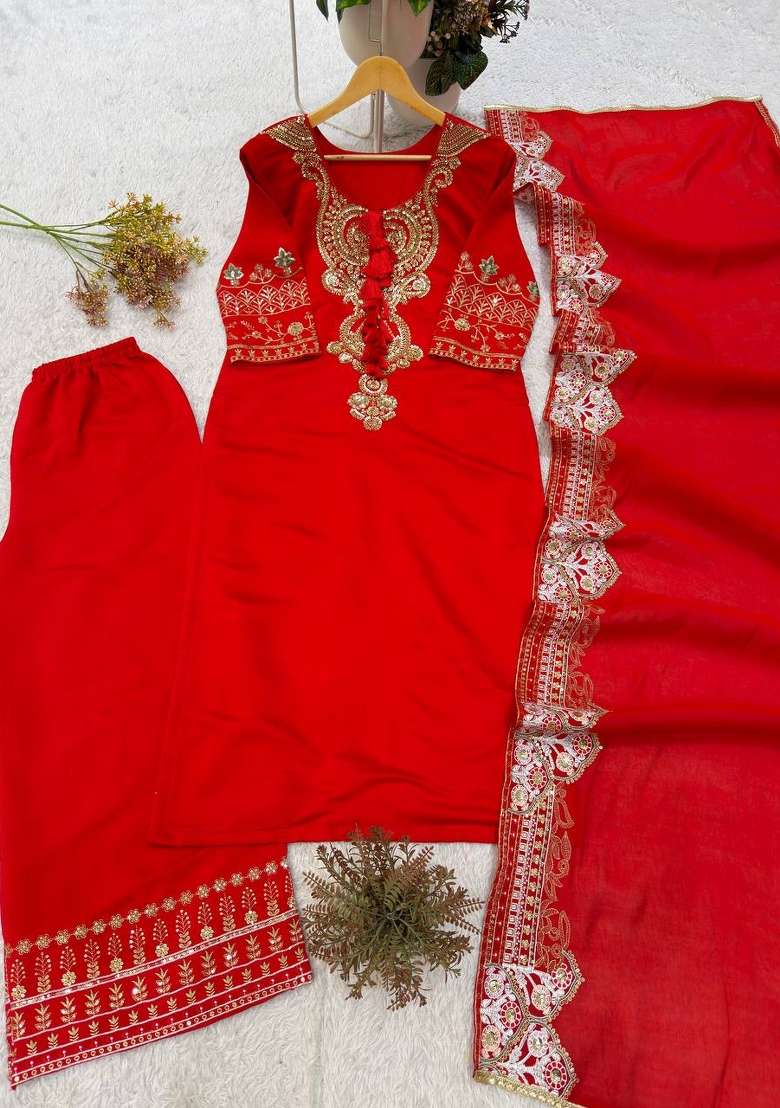 Red Embroidery Roman Palazzo Set - Indya