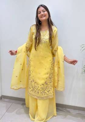 Yellow Embroidery Crunchy Palazzo Set