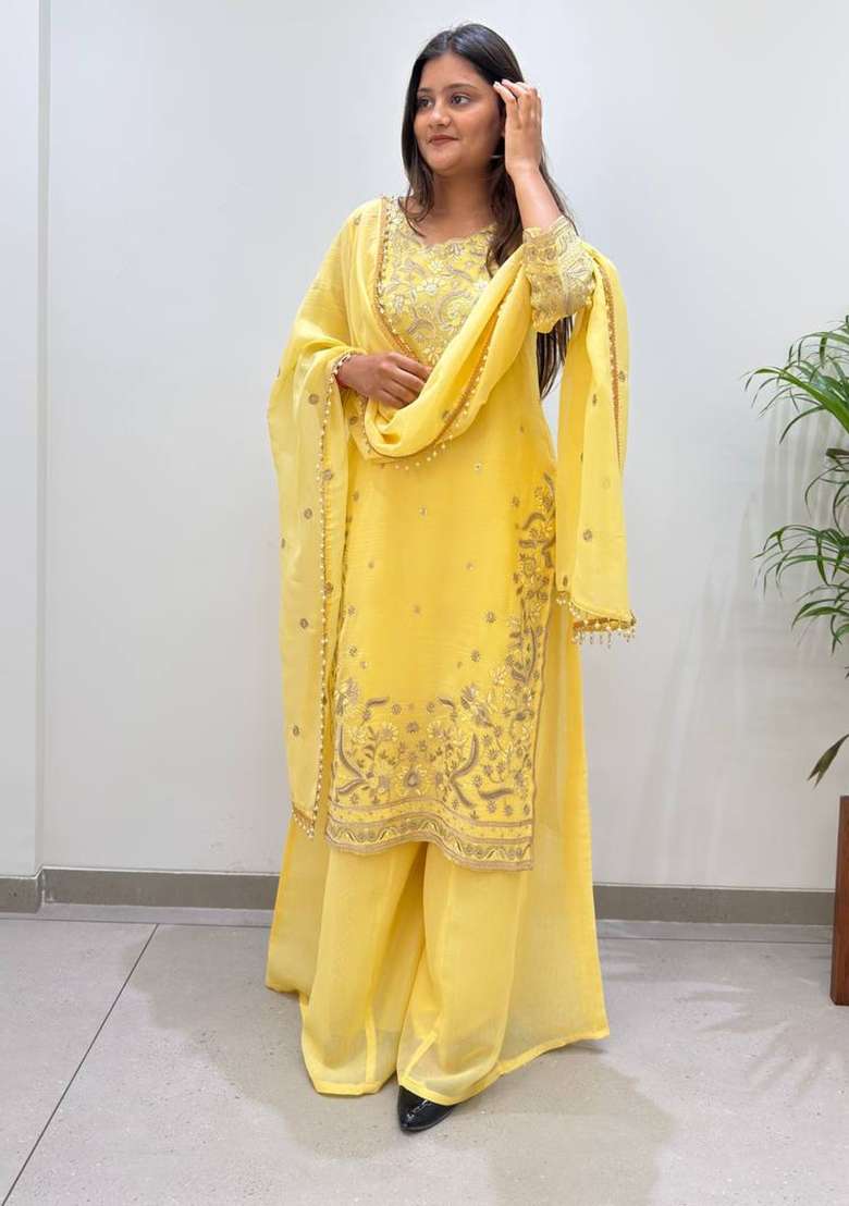 Yellow Embroidery Crunchy Palazzo Set - Indya