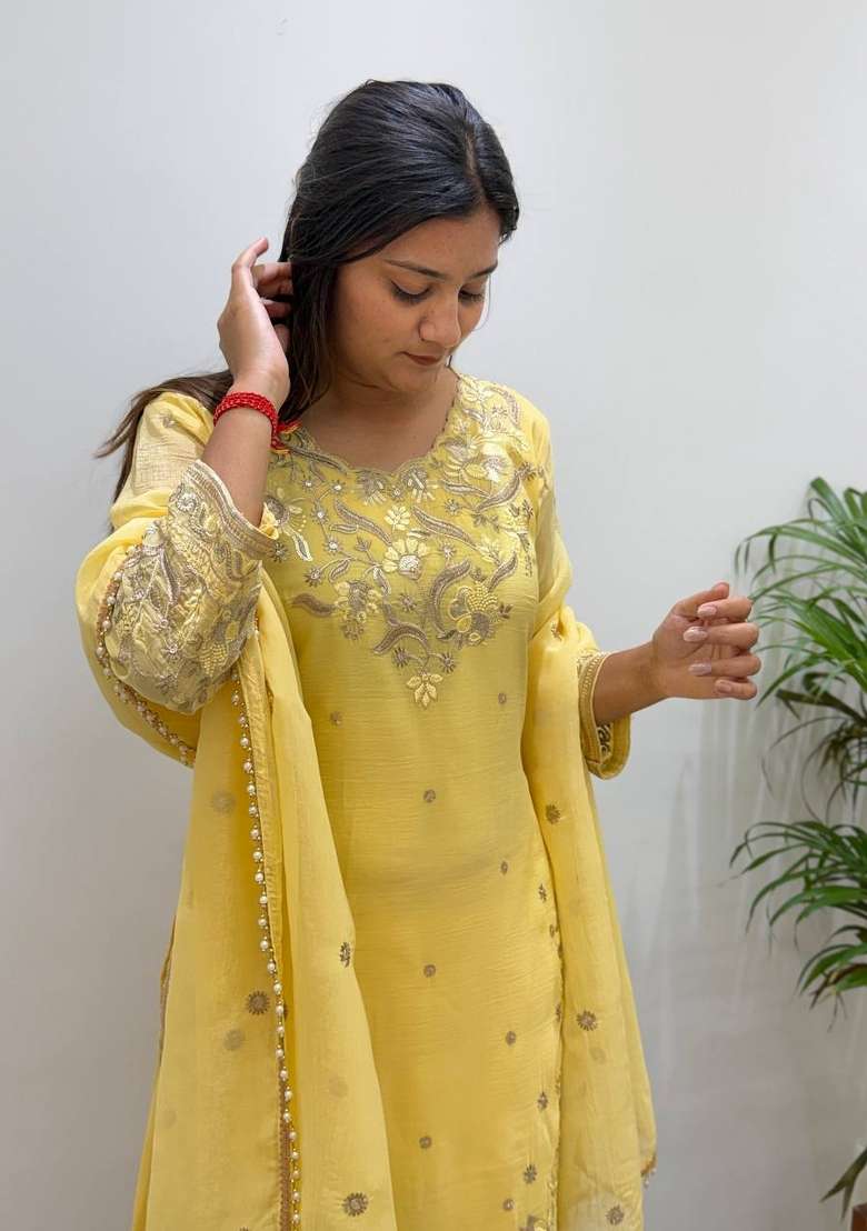 Yellow Embroidery Crunchy Palazzo Set - Indya