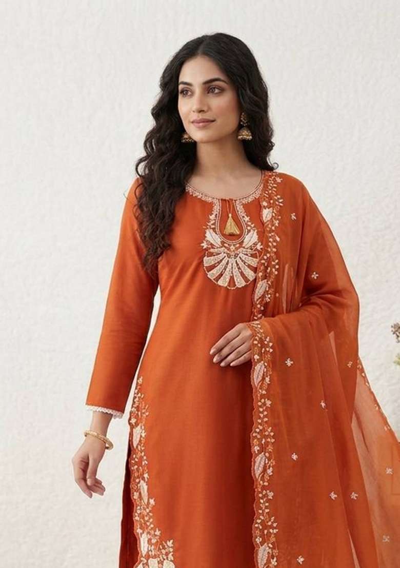 Orange Embroidery Roman Kurta Set - Indya