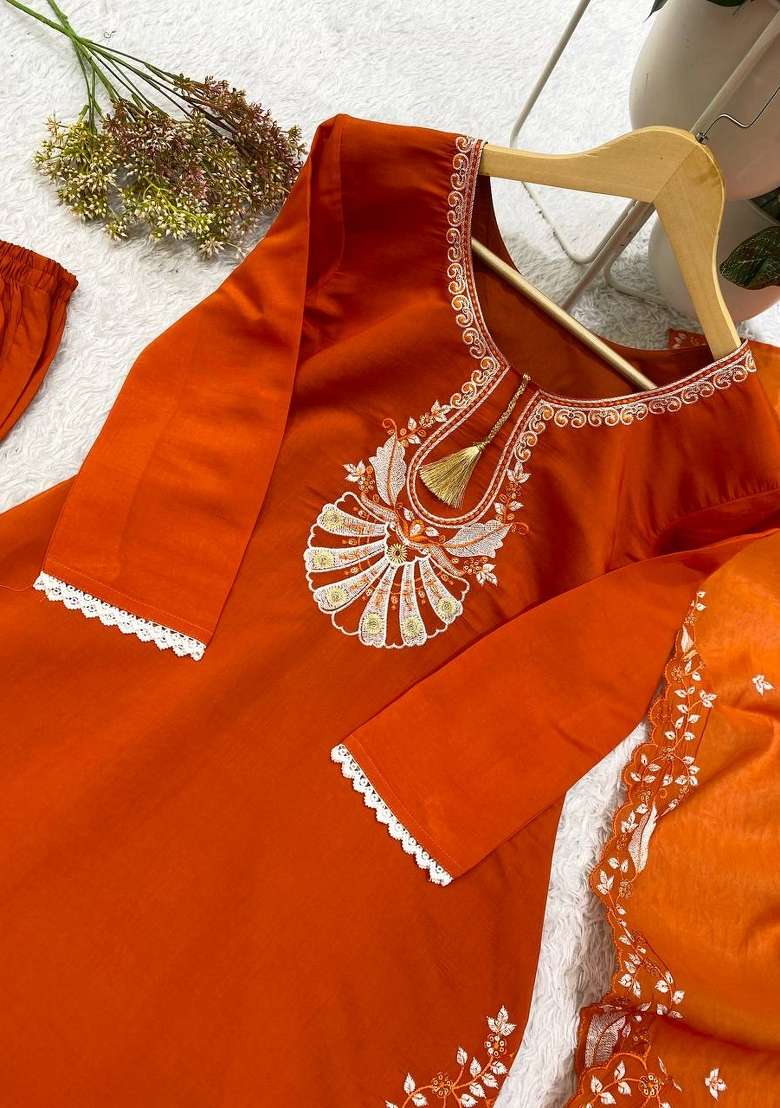 Orange Embroidery Roman Kurta Set - Indya