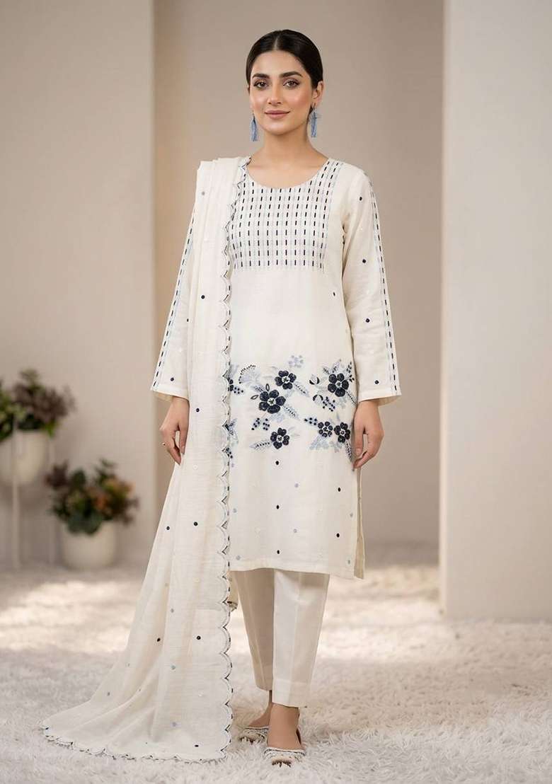 White Embroidery Roman Kurta Set - Indya