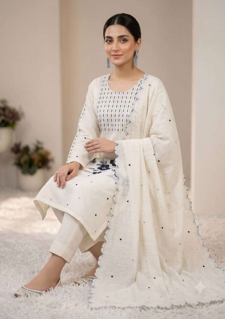 White Embroidery Roman Kurta Set - Indya