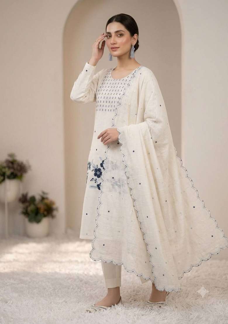 White Embroidery Roman Kurta Set - Indya