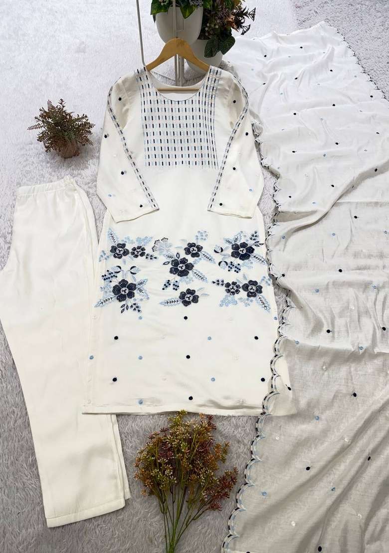 White Embroidery Roman Kurta Set - Indya