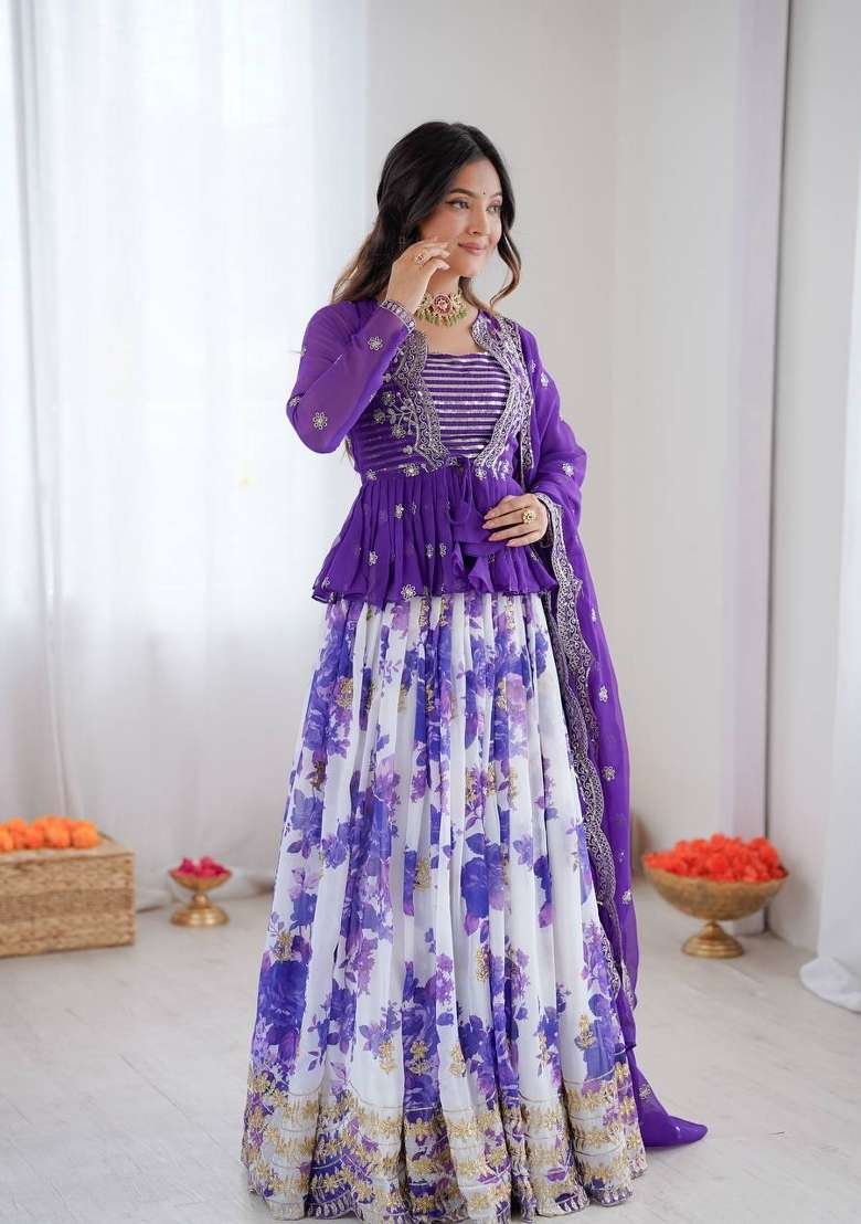 Purple Embroidery Georgette Palazzo Set - Indya