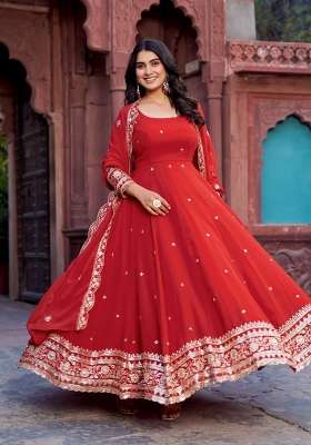 Red Embroidery Georgette Gown Set