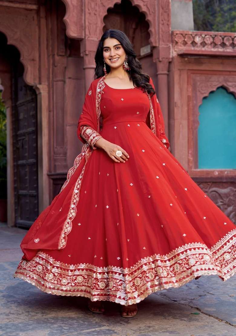 Red Embroidery Georgette Gown Set - Indya