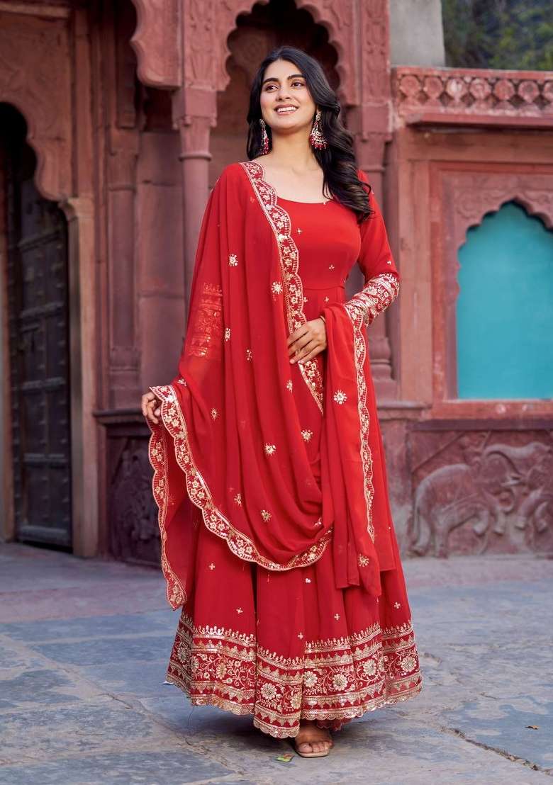 Red Embroidery Georgette Gown Set - Indya