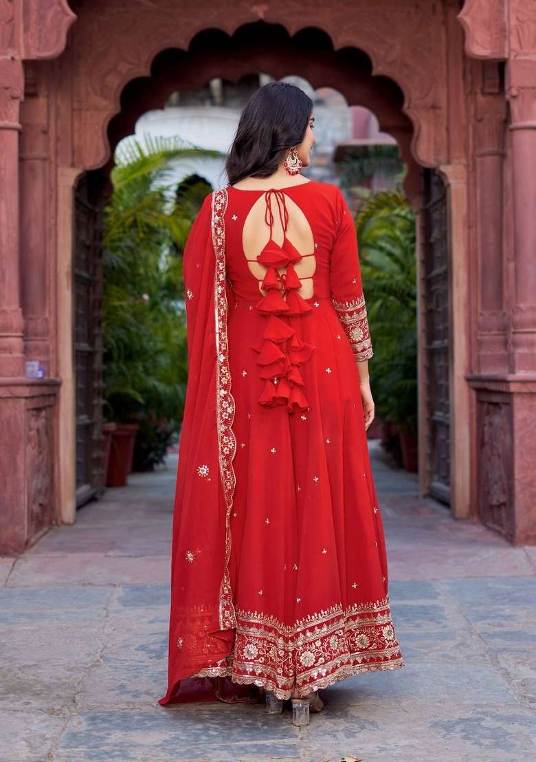 Red Embroidery Georgette Gown Set - Indya