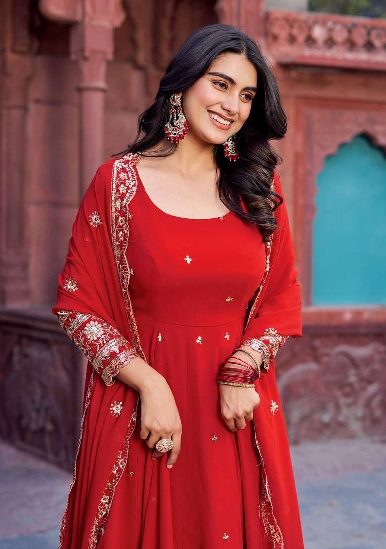 Red Embroidery Georgette Gown Set - Indya