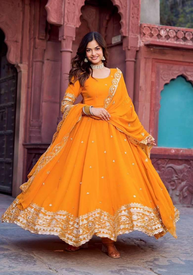 Yellow Embroidery Georgette Gown Set - Indya