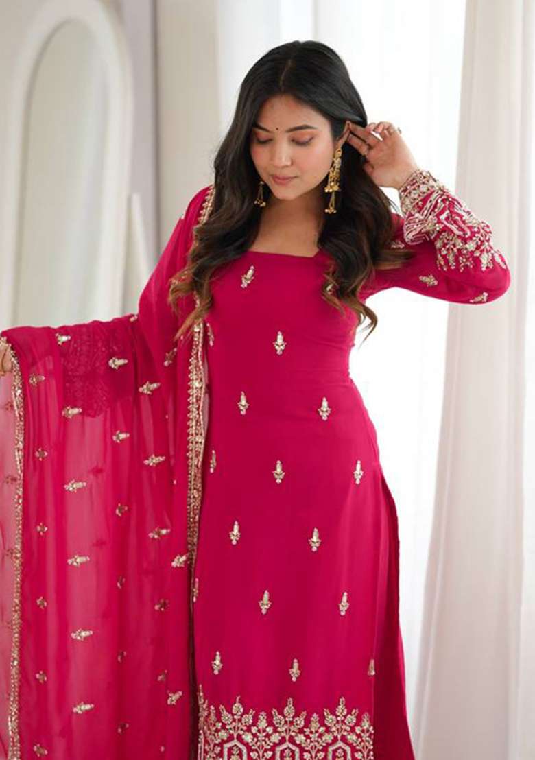 Pink Embroidery Georgette Kurta Set - Indya