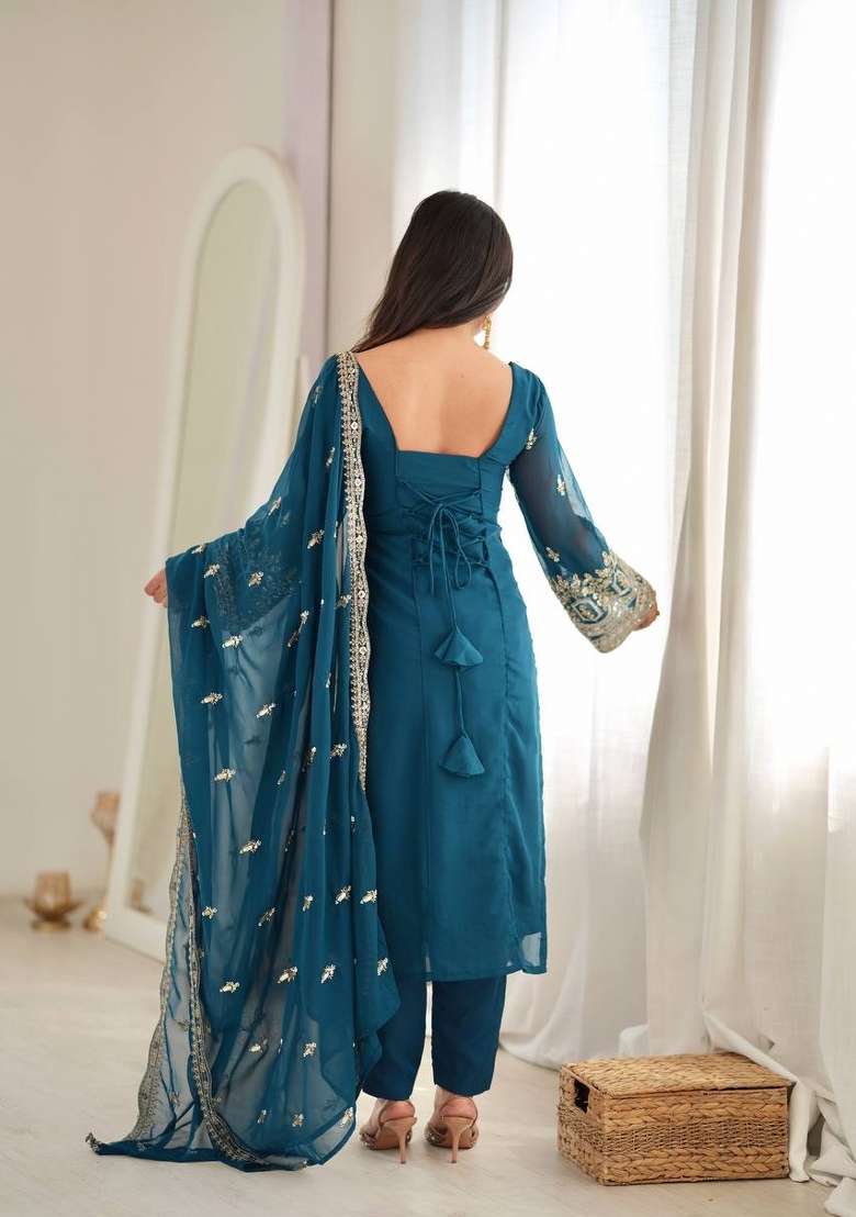 Rama Embroidery Georgette Kurta Set - Indya