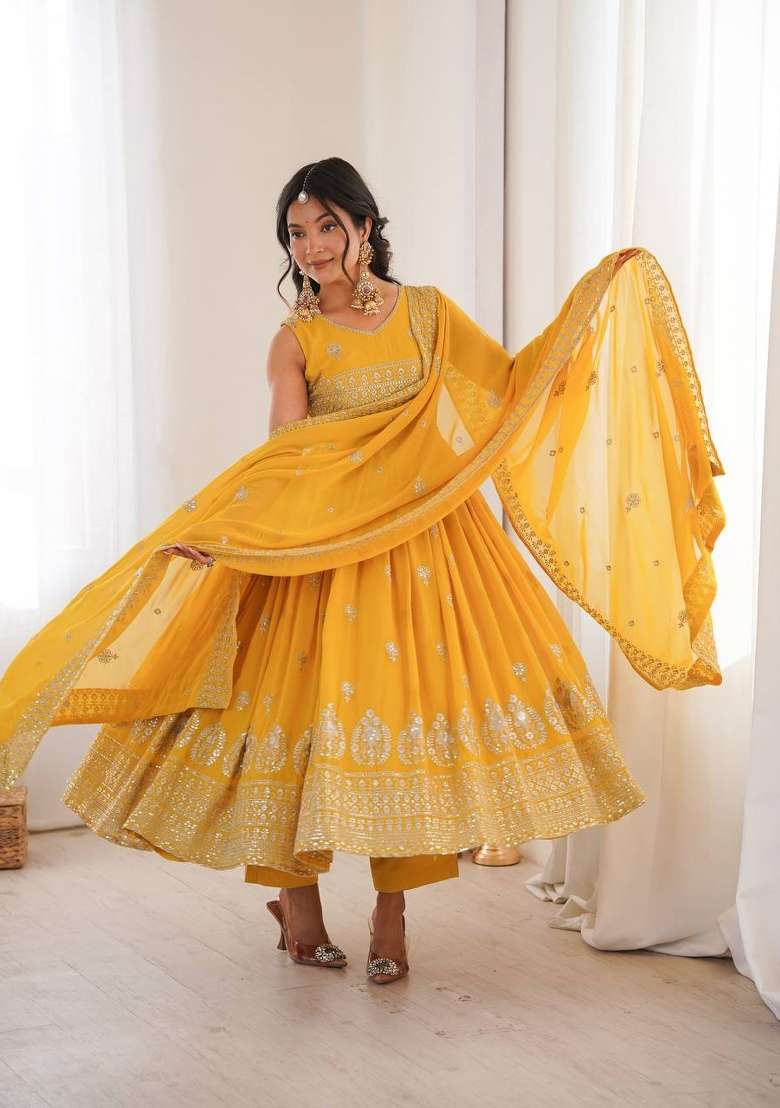 Yellow Embroidery Georgette Gown Set - Indya