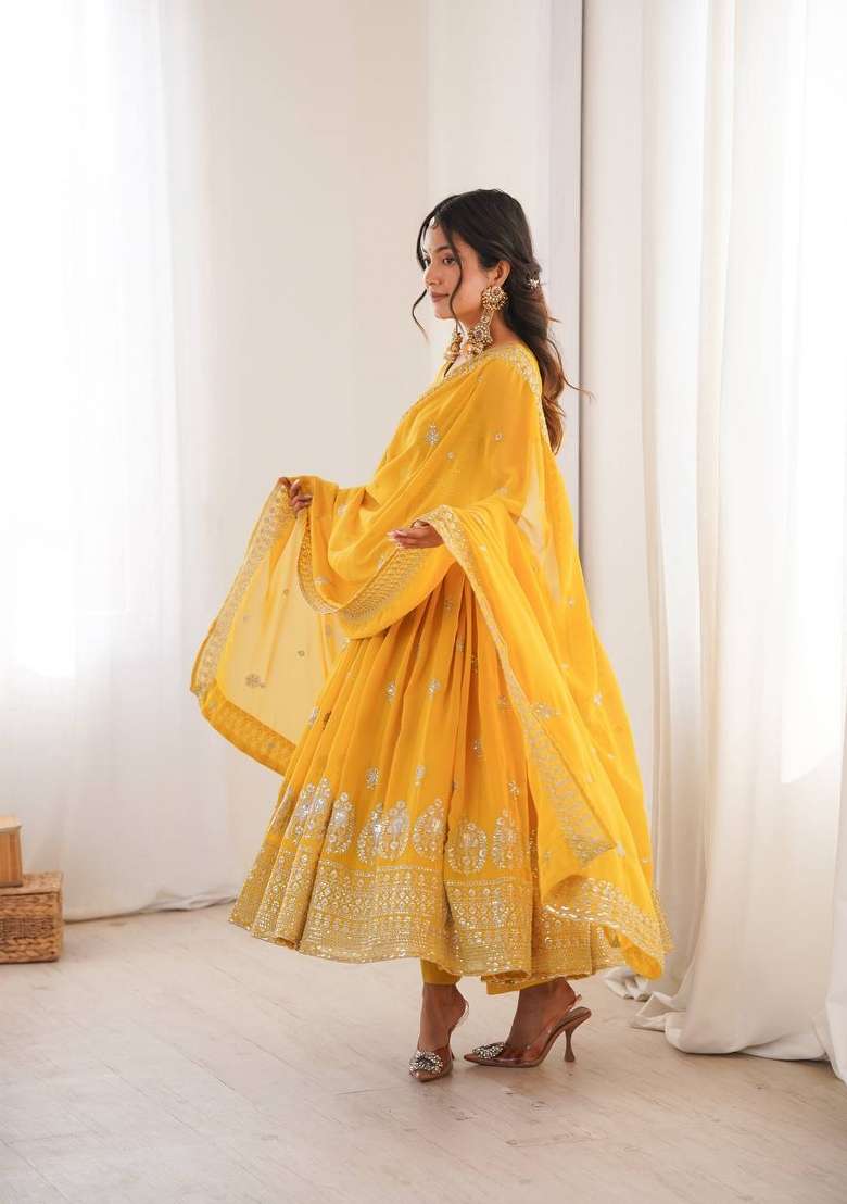 Yellow Embroidery Georgette Gown Set - Indya
