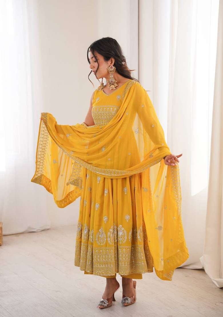 Yellow Embroidery Georgette Gown Set - Indya