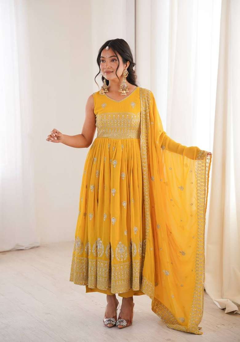 Yellow Embroidery Georgette Gown Set - Indya