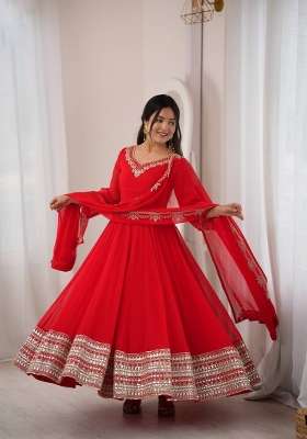 Red Embroidery Georgette Gown Set