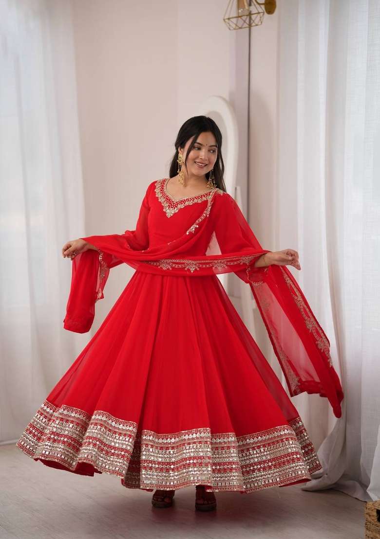 Red Embroidery Georgette Gown Set - Indya