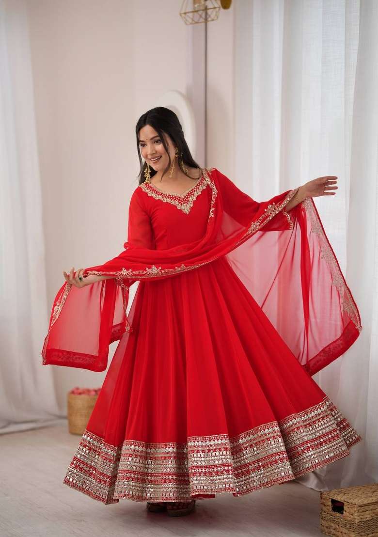 Red Embroidery Georgette Gown Set - Indya