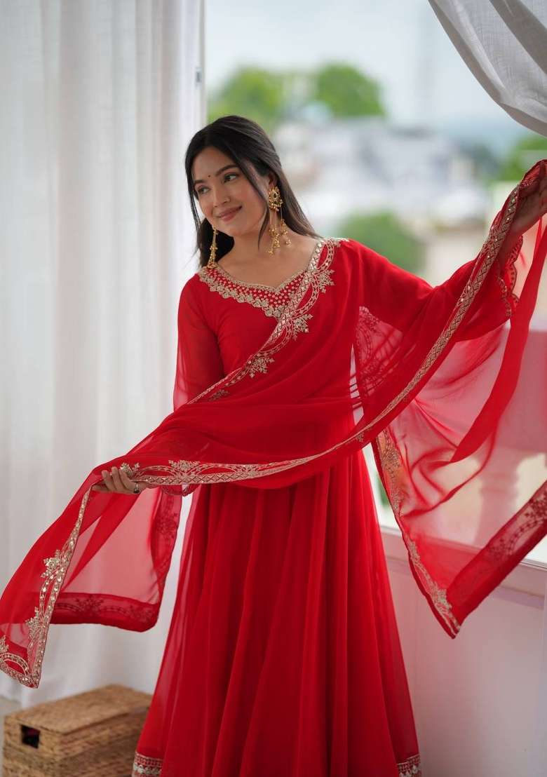 Red Embroidery Georgette Gown Set - Indya