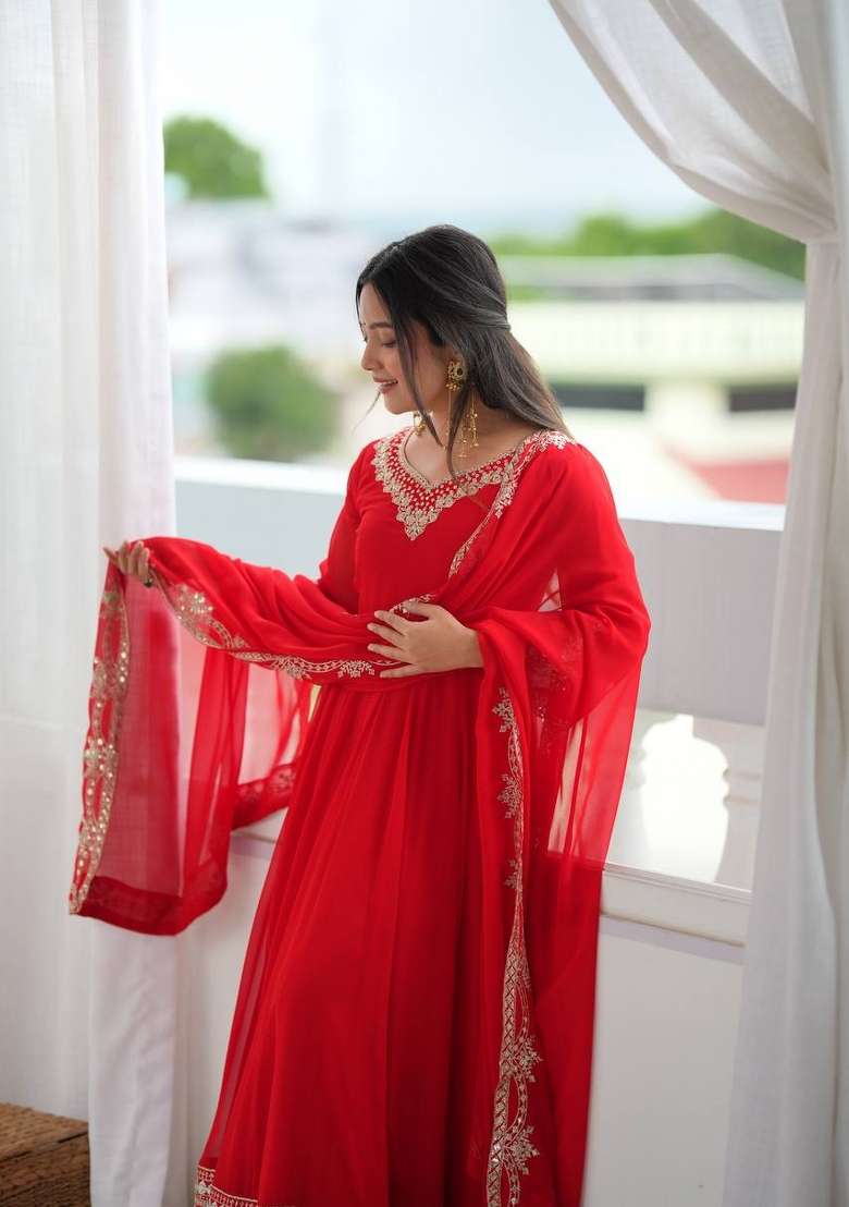 Red Embroidery Georgette Gown Set - Indya