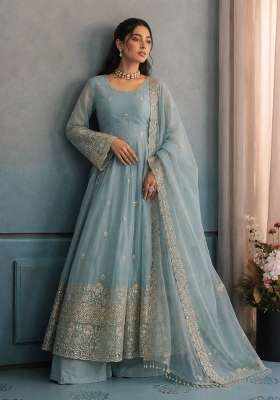 Sky Blue Embroidery Crunchy Gown Set