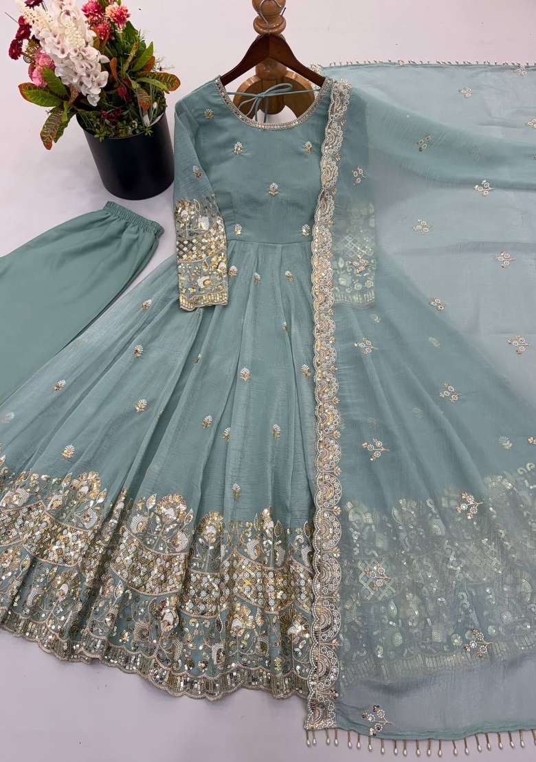 Sky Blue Embroidery Crunchy Gown Set - Indya