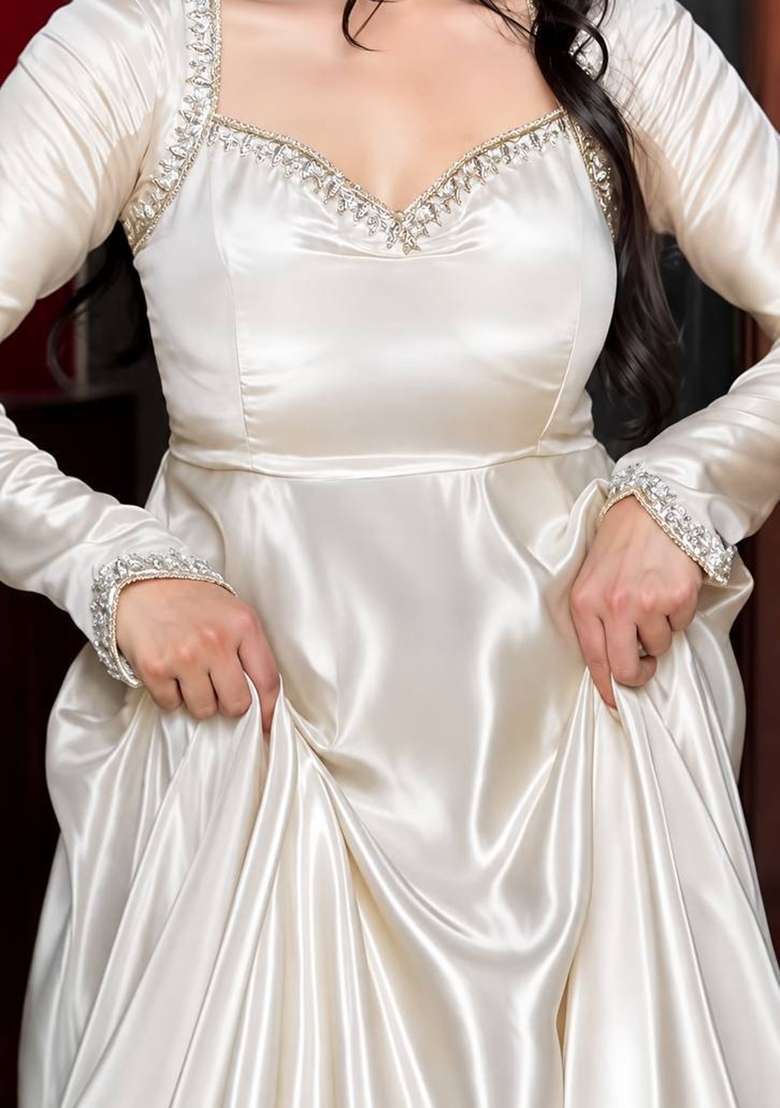 White Embroidery Silk Gown Set - Indya