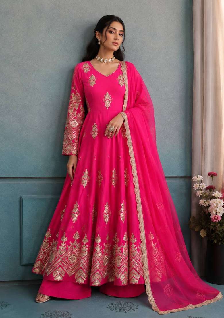 Pink Embroidery Georgette Gown Set - Indya