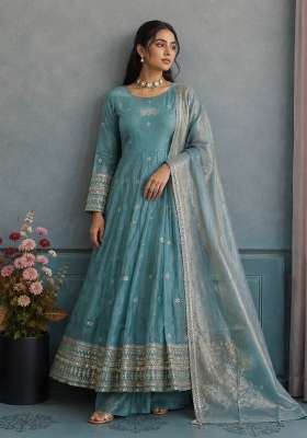 Sky Blue Embroidery Fendi Gown Set
