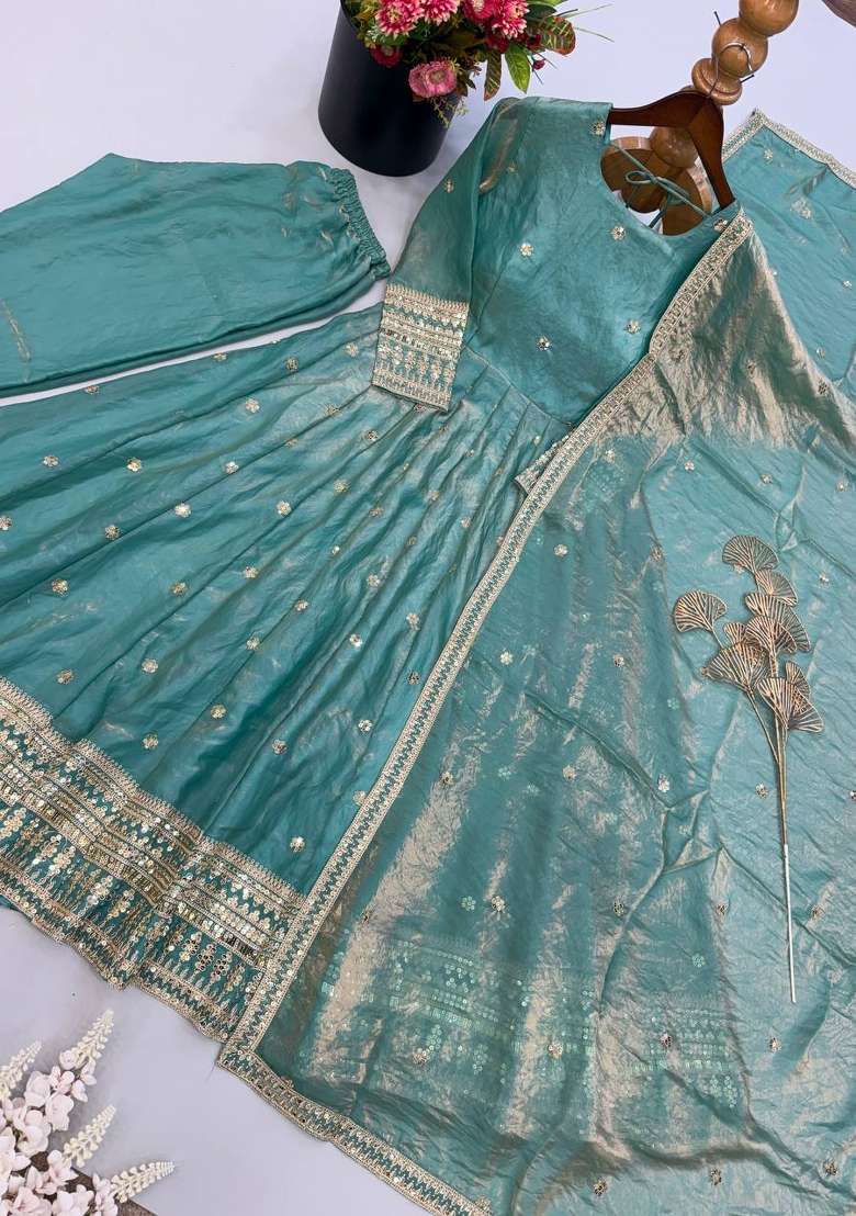 Sky Blue Embroidery Fendi Gown Set - Indya
