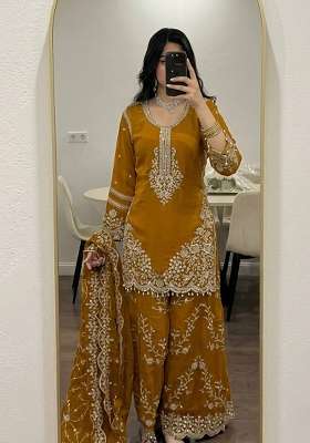 Yellow Embroidery Georgette Palazzo Set