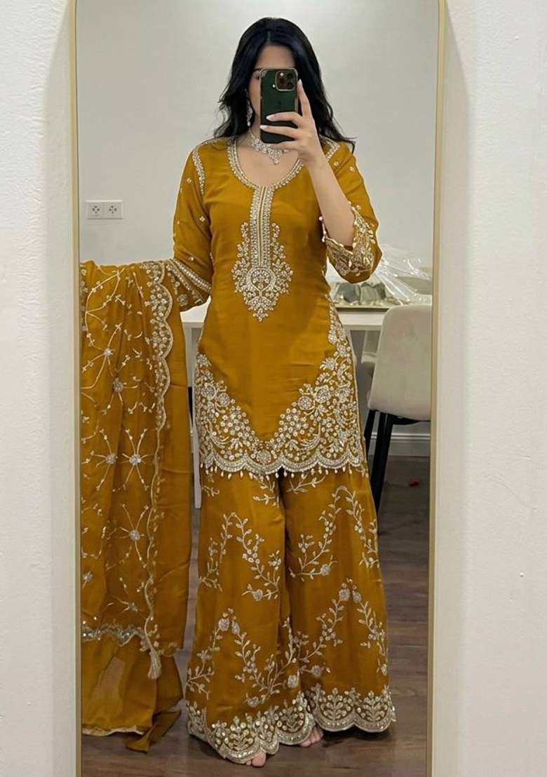 Yellow Embroidery Georgette Palazzo Set - Indya