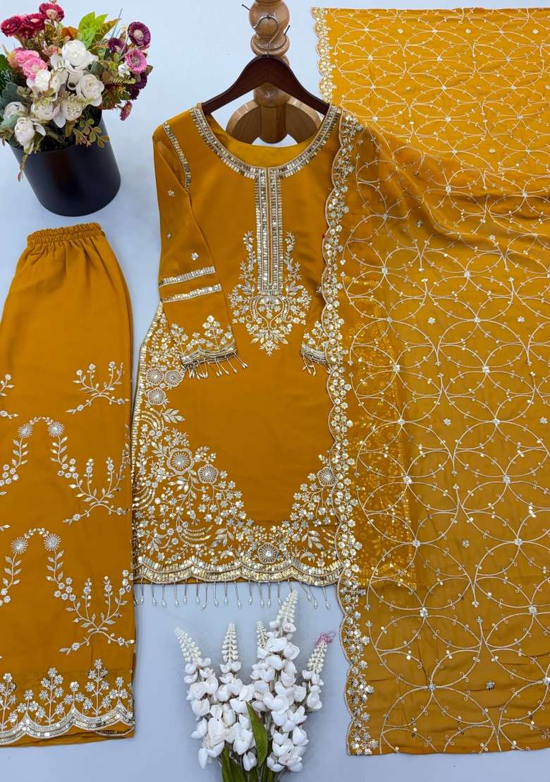 Yellow Embroidery Georgette Palazzo Set - Indya