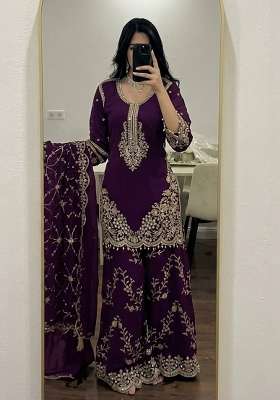 Wine Embroidery Georgette Palazzo Set