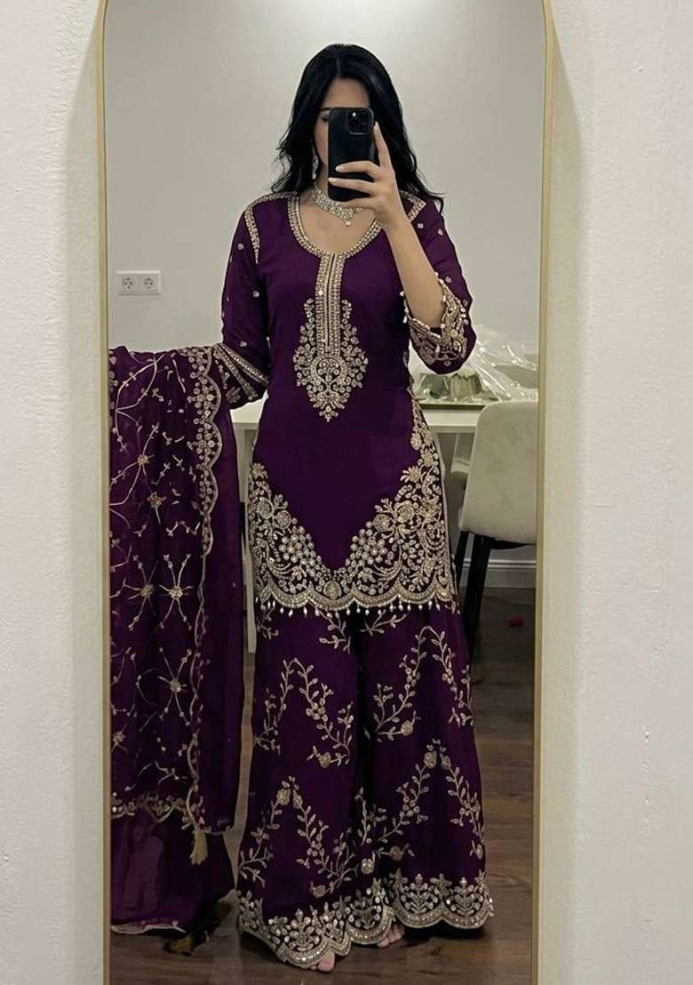 Wine Embroidery Georgette Palazzo Set - Indya