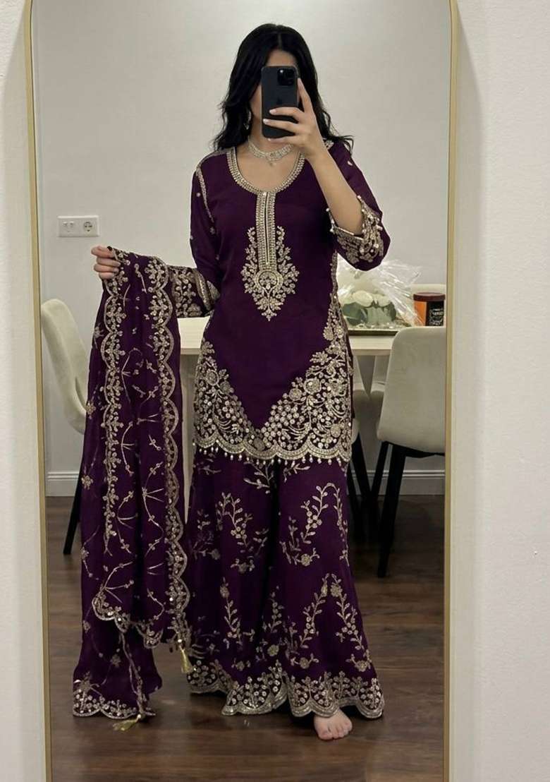Wine Embroidery Georgette Palazzo Set - Indya