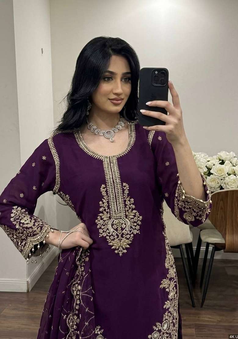 Wine Embroidery Georgette Palazzo Set - Indya