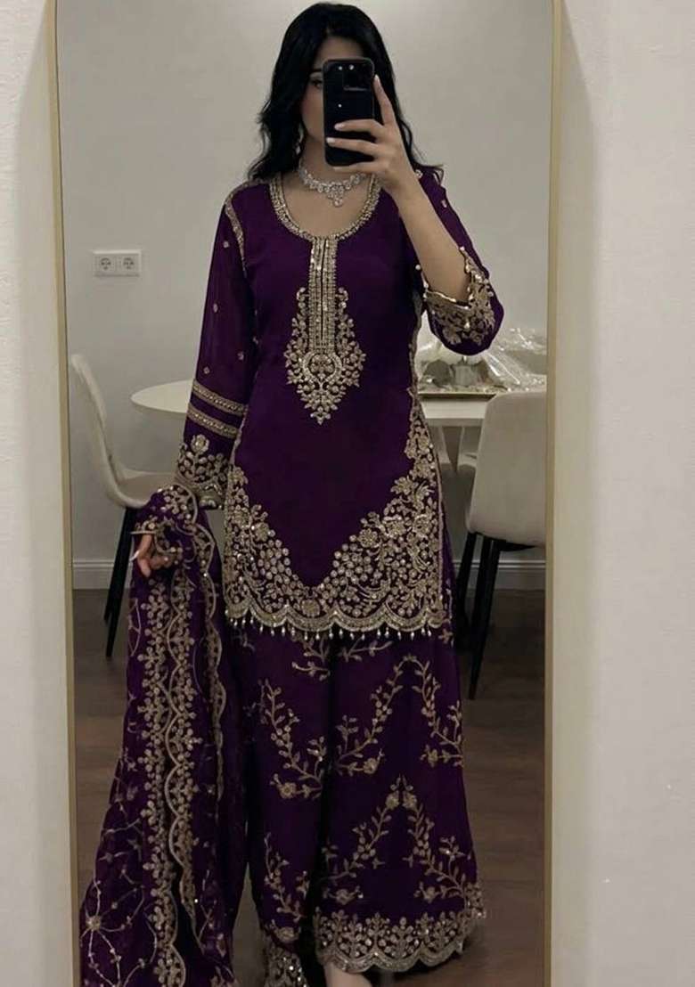 Wine Embroidery Georgette Palazzo Set - Indya