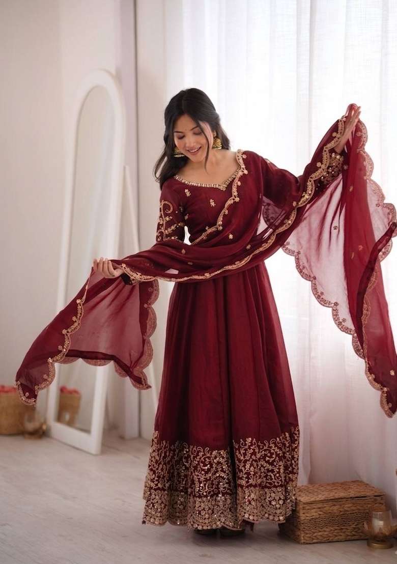Maroon Embroidery Fendi Gown Set - Indya