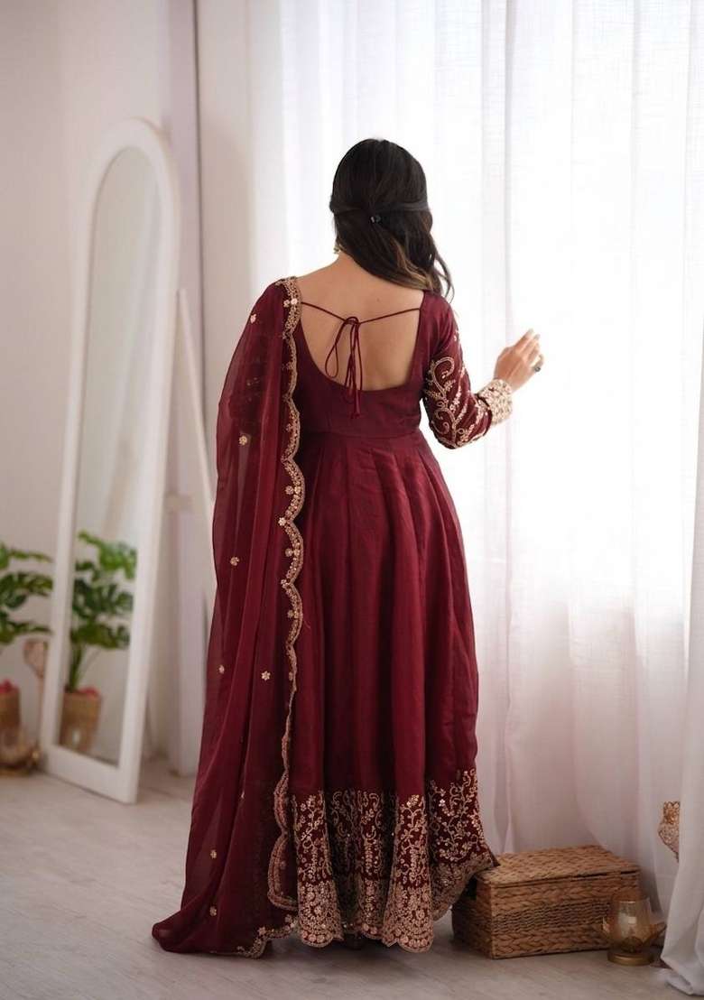 Maroon Embroidery Fendi Gown Set - Indya