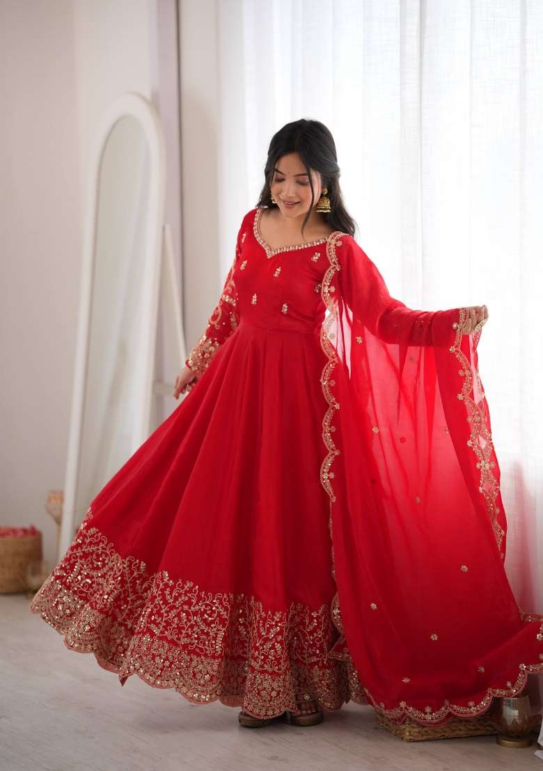 Red Embroidery Fendi Gown Set - Indya