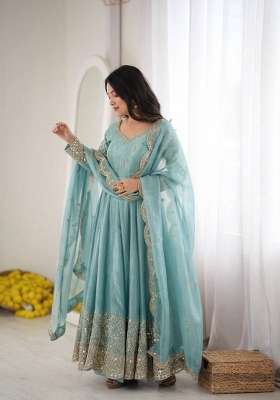 Sky Blue Embroidery Fendi Gown Set