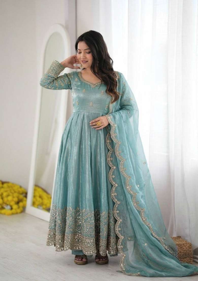 Sky Blue Embroidery Fendi Gown Set - Indya