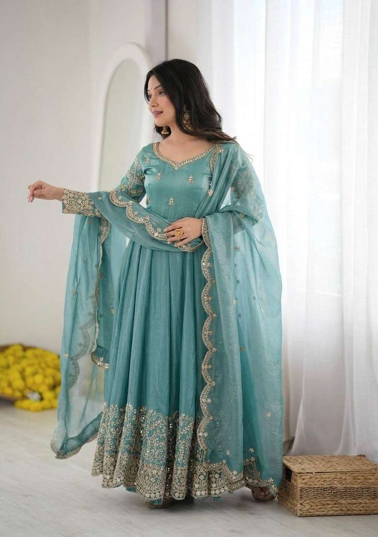 Sky Blue Embroidery Fendi Gown Set - Indya